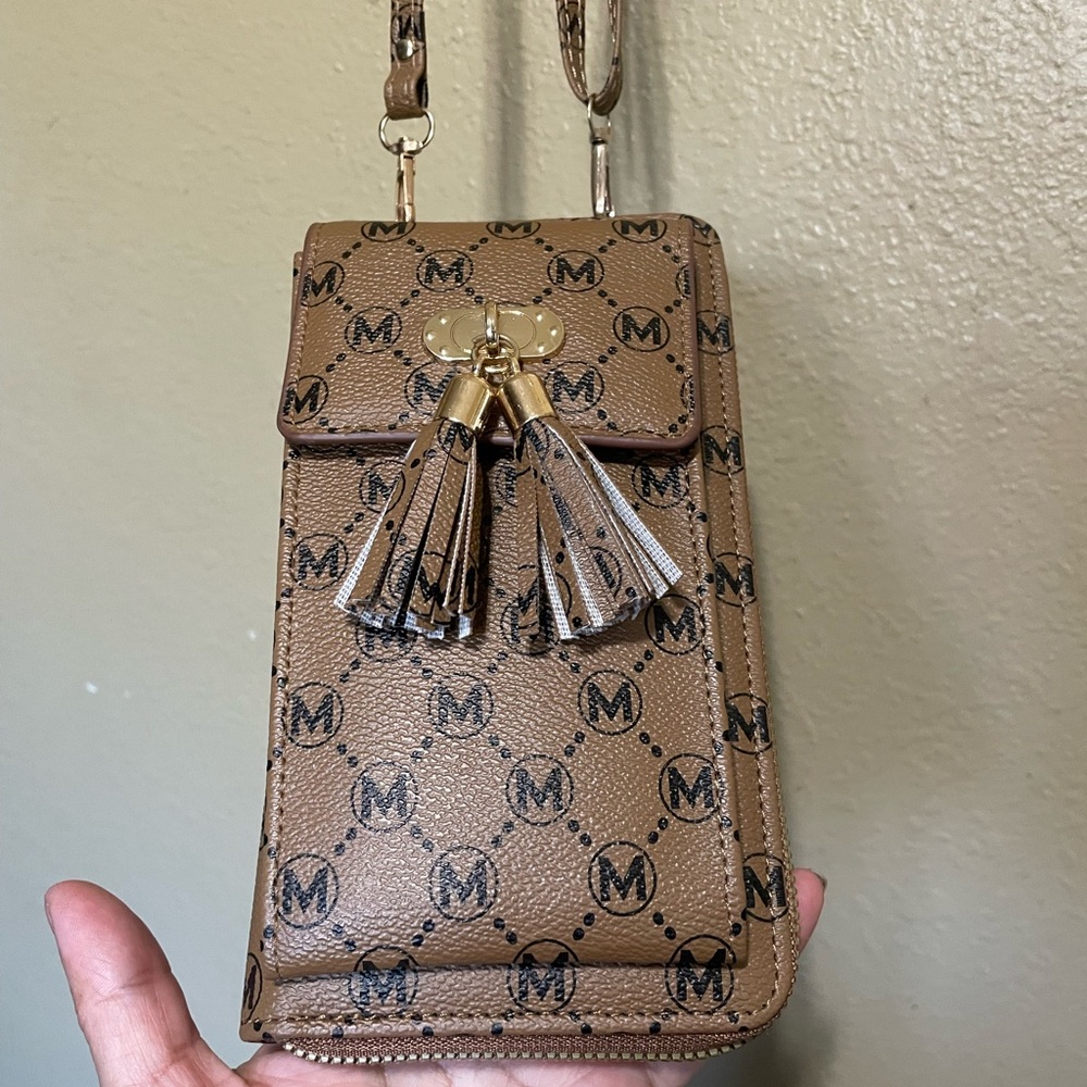 Brown Crossbody Phone Wallet with Tassel Detail